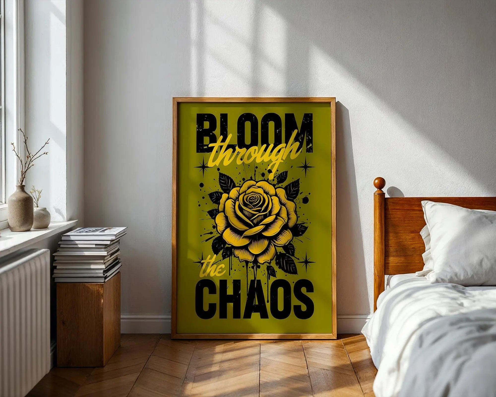Positive Emotion | Bloom Through the Chaos Print | Yellow Rose Inspirational Wall Art | Strength Quote Poster wall art print, modern home decor, unframed artwork by Nomad & Nest