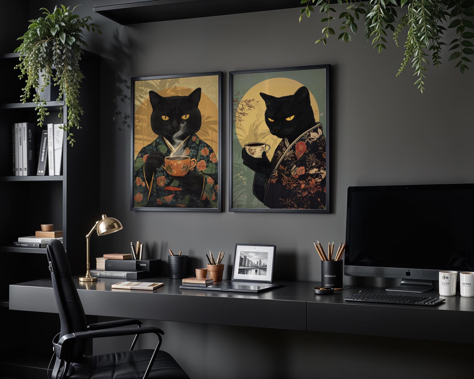 Japanese Poster | Black Cat Kimono Print – Vintage Feline Coffee wall art print, modern home decor, unframed artwork by Nomad & Nest