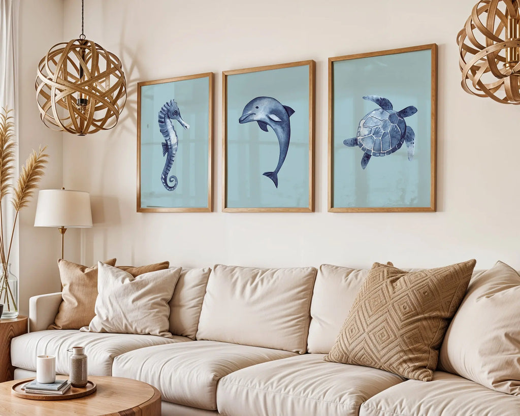 Colourful Prints | Blue Sea Life Watercolour Print Set | Ocean Nursery & Coastal Art (Set of 3) wall art print, modern home decor, unframed artwork by Nomad & Nest