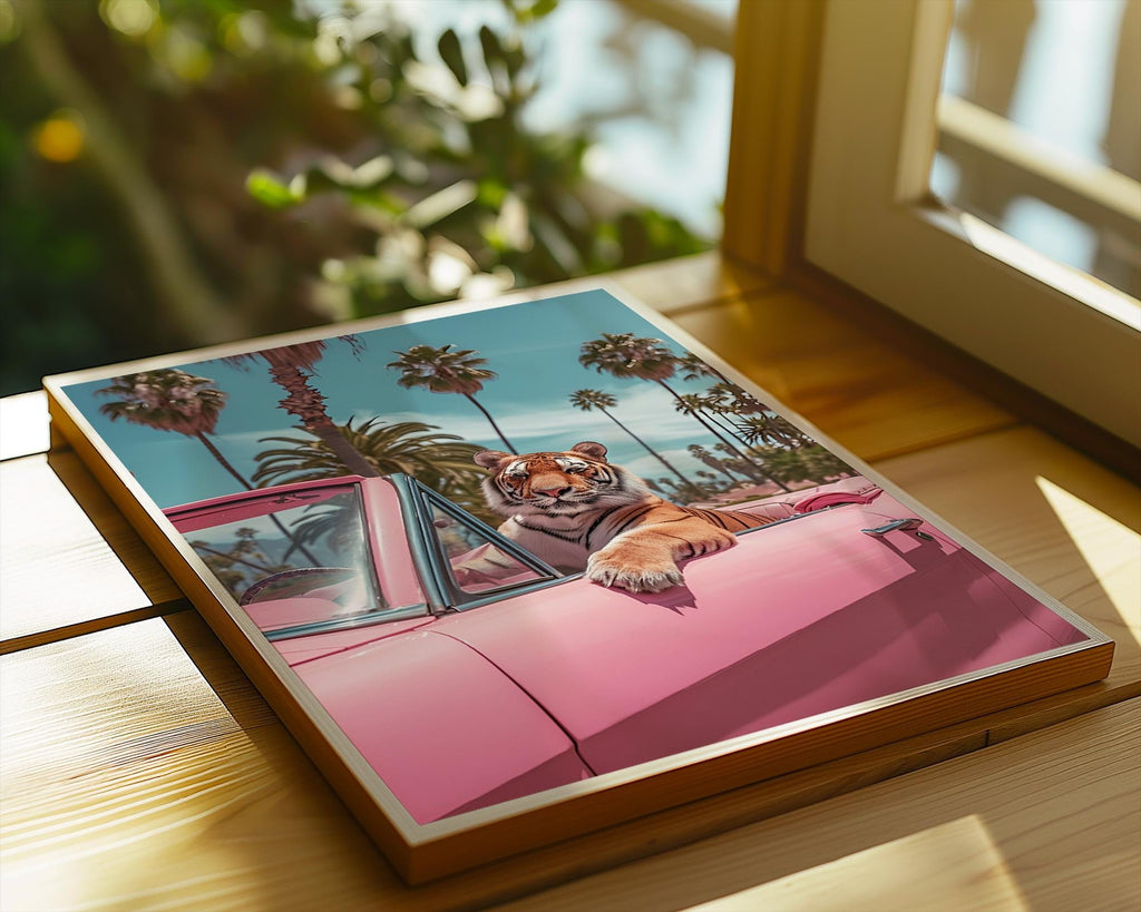 Colourful Prints | Tiger in Pink Convertible Art Print | Retro Jungle Poster wall art print, modern home decor, unframed artwork by Nomad & Nest