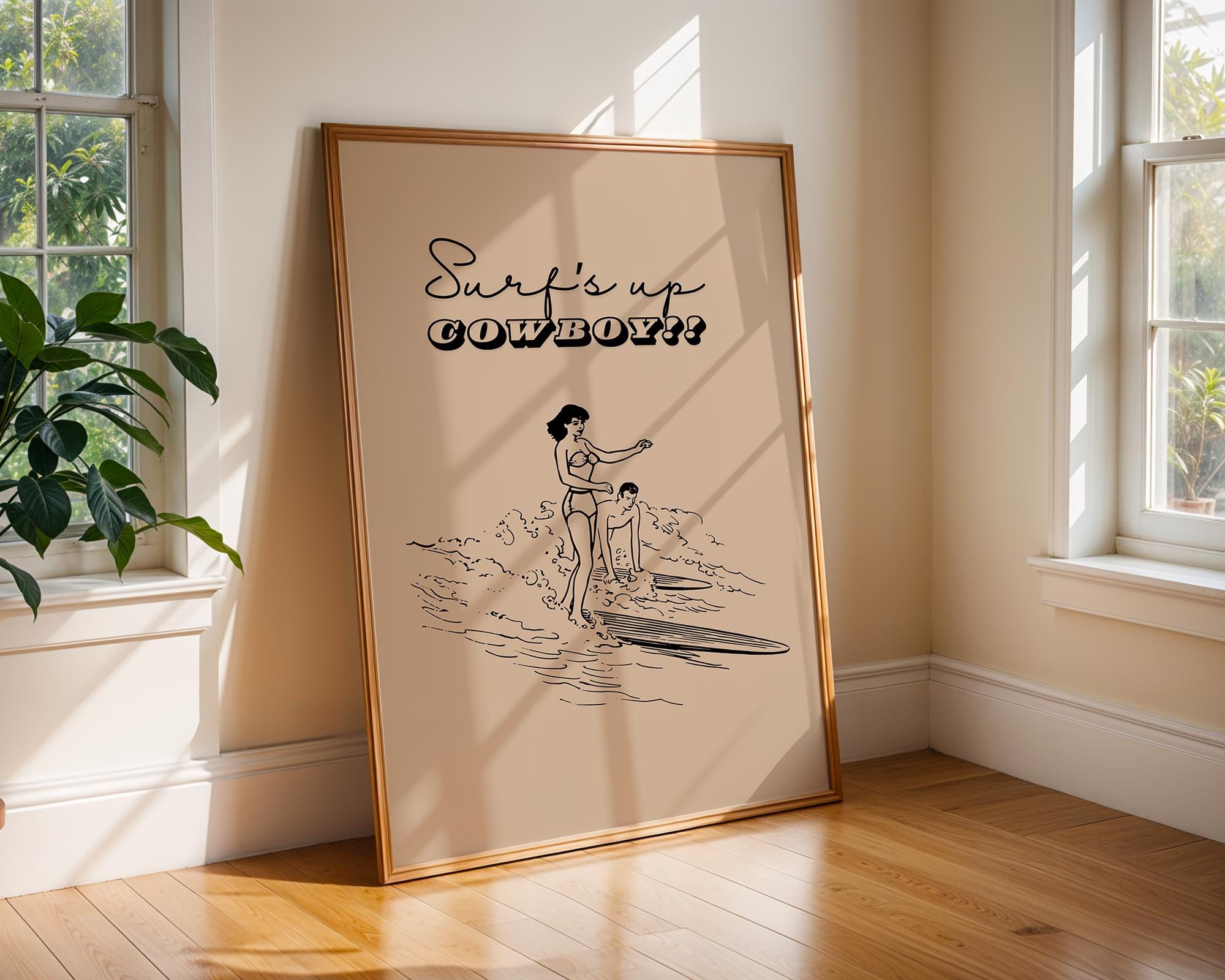 Coastal Cowgirl Surfing Art Print | Retro Beach Poster wall art print, modern home decor, unframed artwork by Nomad & Nest