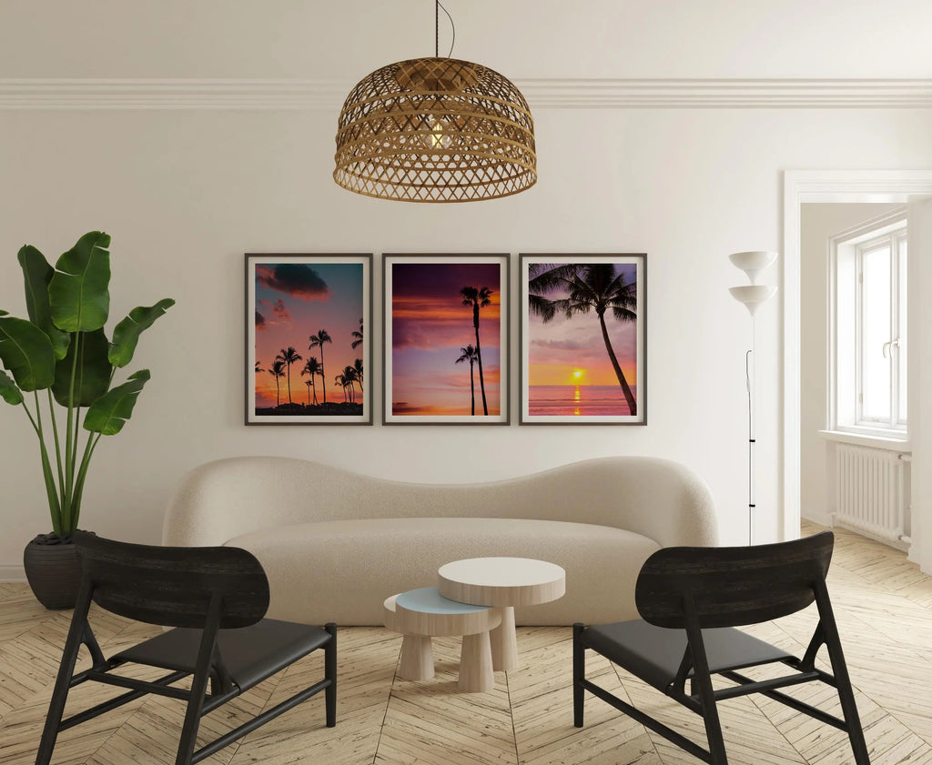 Colourful Prints | Tropical Sunset Palm Tree Print Set – Vibrant Coastal Wall Art Trio wall art print, modern home decor, unframed artwork by Nomad & Nest