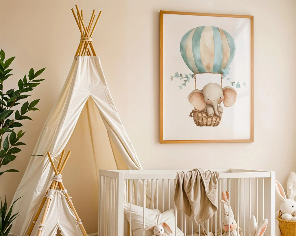 Playroom Ideas | Elephant Balloon Nursery Art | Blush Safari Baby Decor wall art print, modern home decor, unframed artwork by Nomad & Nest