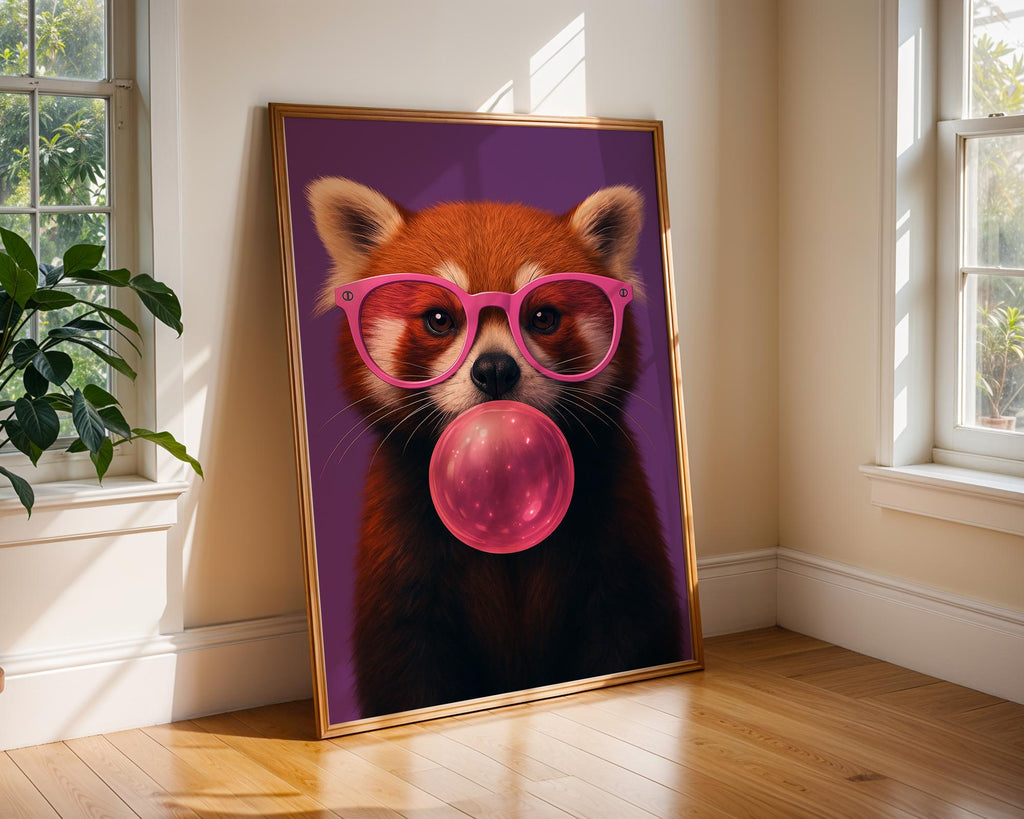 Colourful Prints | Red Panda Bubblegum Print | Funky Animal Wall Art wall art print, modern home decor, unframed artwork by Nomad & Nest