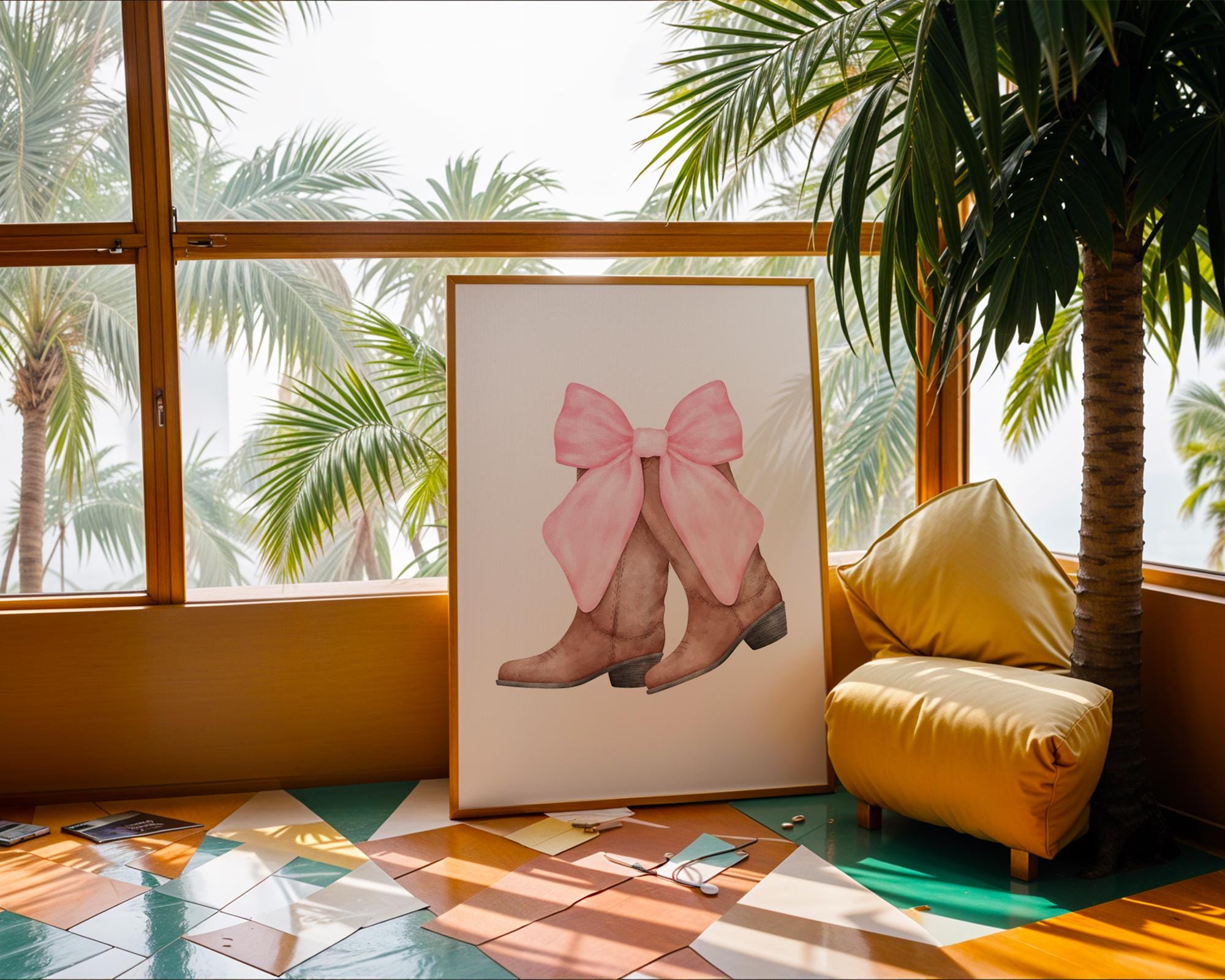 Watercolor Cowboy Boots Print | Pink Bow, Girly Western Decor wall art print, modern home decor, unframed artwork by Nomad & Nest