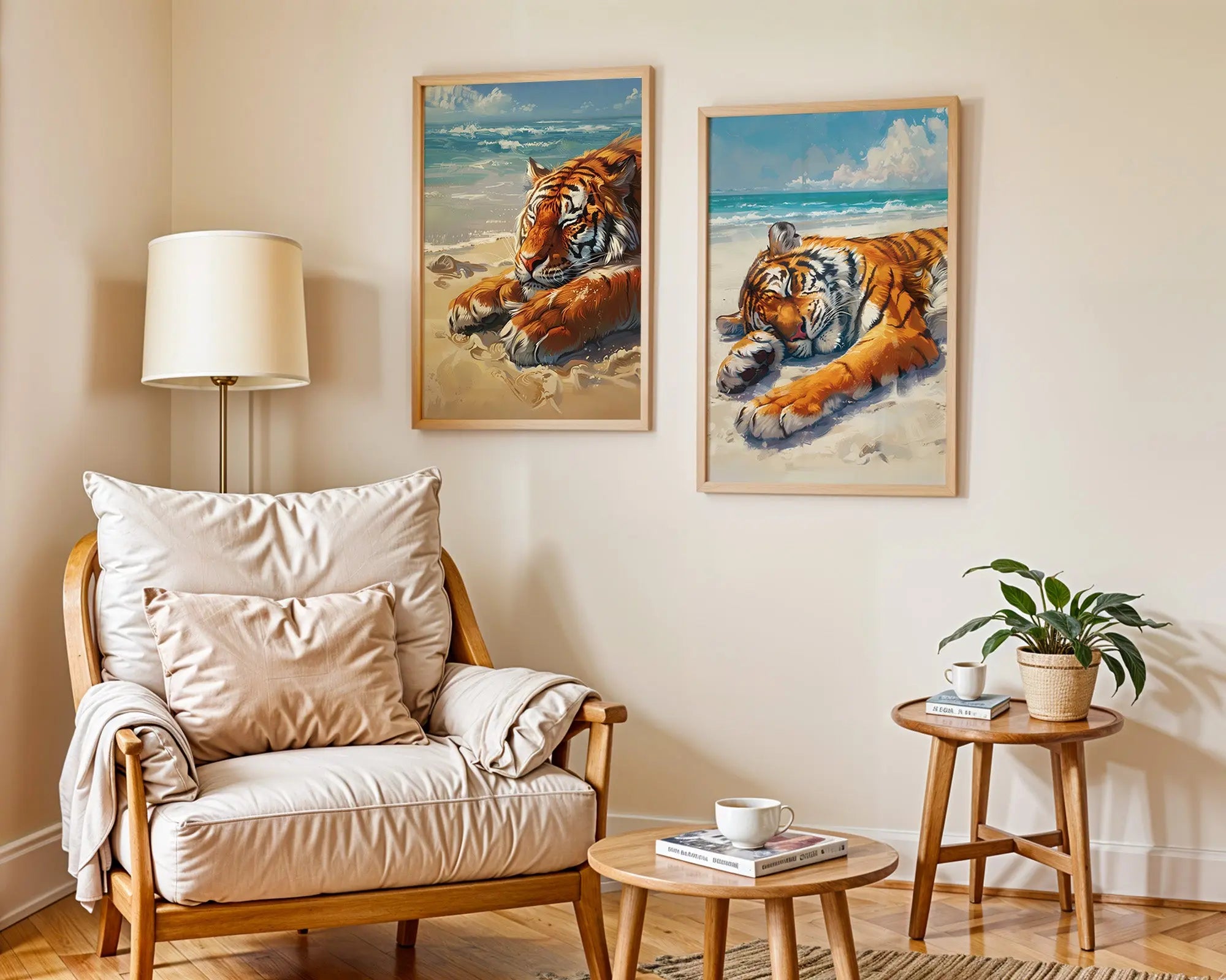 Colourful Prints | Beach Tiger Print Set | Coastal Animal Wall Art (Set of 2) wall art print, modern home decor, unframed artwork by Nomad & Nest