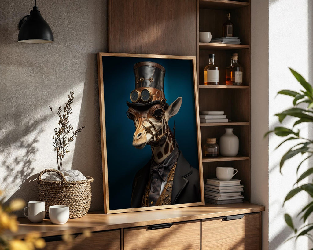 Steampunk Giraffe Portrait | Victorian Leather Hat & Brass Goggles, Animal Wall Art wall art print, modern home decor, unframed artwork by Nomad & Nest