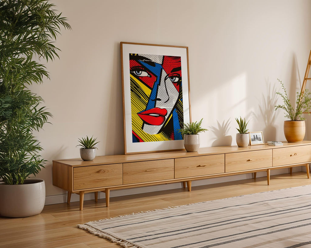 Modern Pop Art | Geometric  Woman's Face Print | Retro Comic Book Style wall art print, modern home decor, unframed artwork by Nomad & Nest