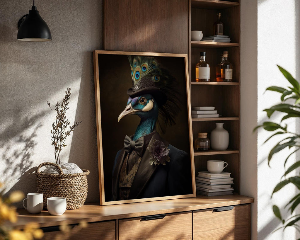 Peacock Portrait Print | Victorian Animal Art in Top Hat wall art print, modern home decor, unframed artwork by Nomad & Nest