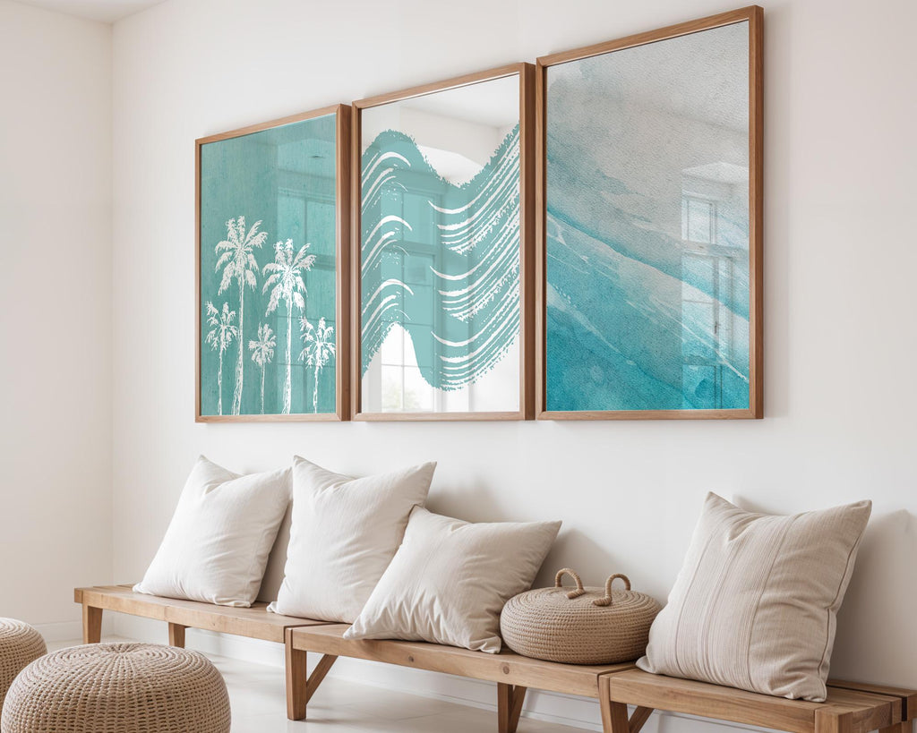 Colourful Prints | Coastal Palm Tree Print Set Ocean Waves, Boho Beach House Art wall art print, modern home decor, unframed artwork by Nomad & Nest