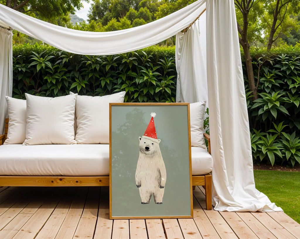 Polar Bear Christmas Print | Santa Hat, Winter Holiday Art wall art print, modern home decor, unframed artwork by Nomad & Nest