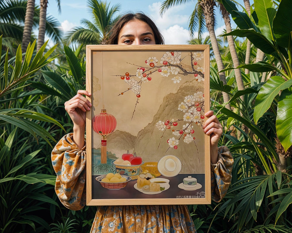 Oriental Tea Ceremony Print | Cherry Blossom, Lanterns Asian Wall Art wall art print, modern home decor, unframed artwork by Nomad & Nest