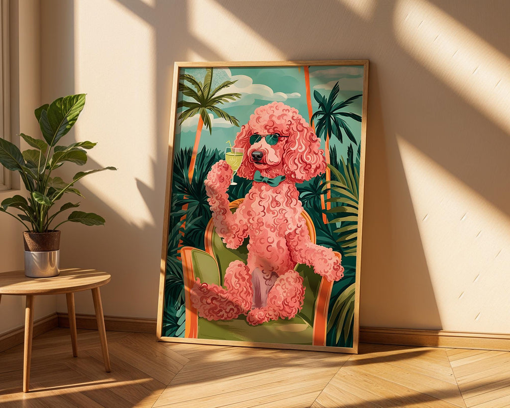 Colourful Prints | Pink Poodle Cocktail Art Print | Retro Tropical Dog Poster wall art print, modern home decor, unframed artwork by Nomad & Nest