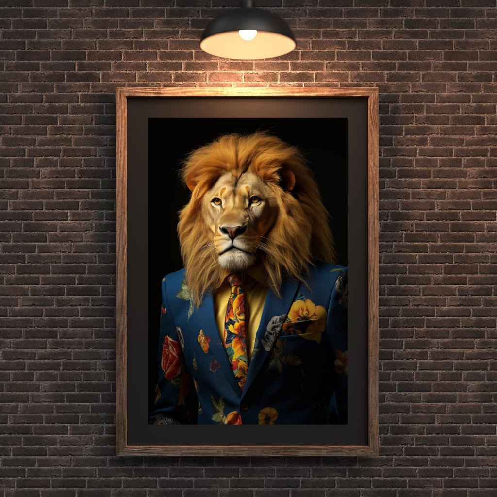 Floral Suit Lion Art Print | Whimsical Animal Wall Decor wall art print, modern home decor, unframed artwork by Nomad & Nest