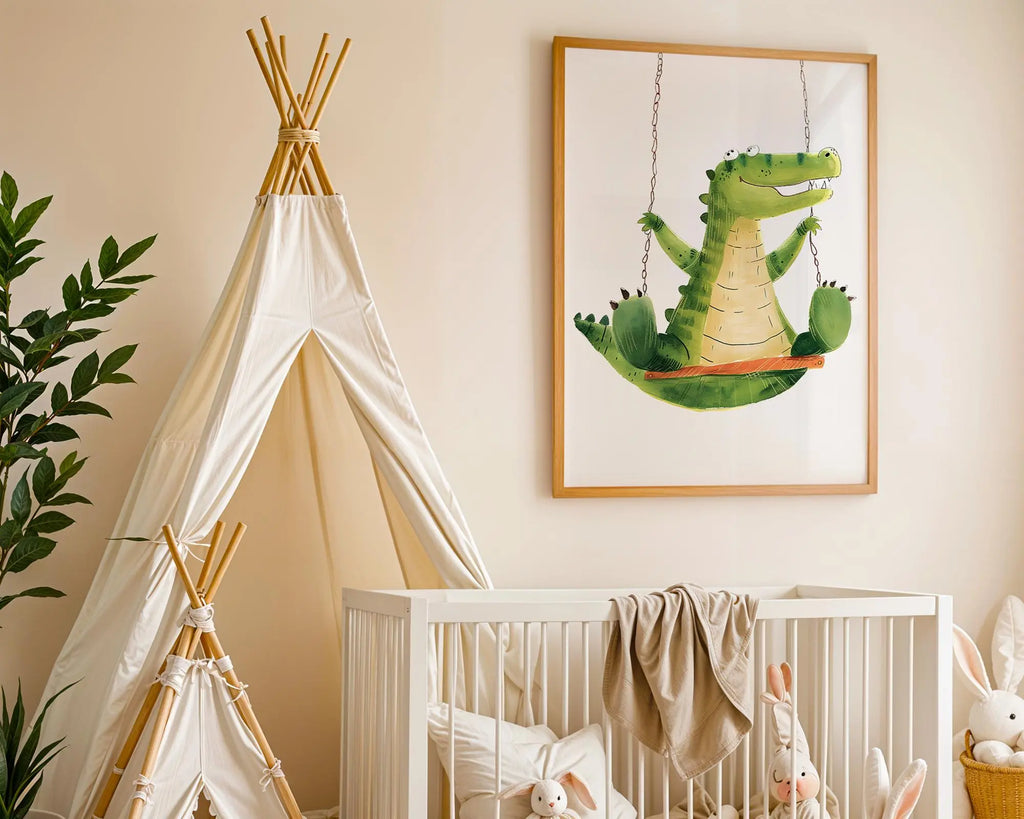 Playroom Ideas | Crocodile Swing Nursery Wall Art | Jungle Animal Baby Print wall art print, modern home decor, unframed artwork by Nomad & Nest