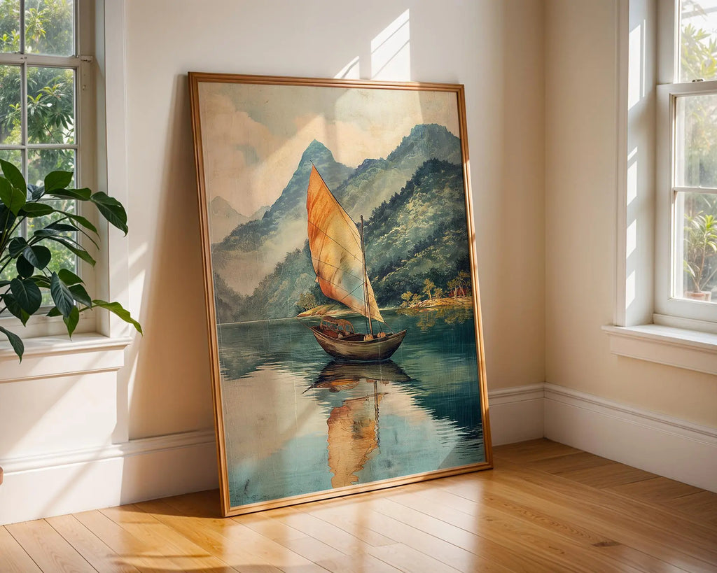 Vintage Sailing Boat Print | Serene Ocean Landscape, Coastal Art wall art print, modern home decor, unframed artwork by Nomad & Nest