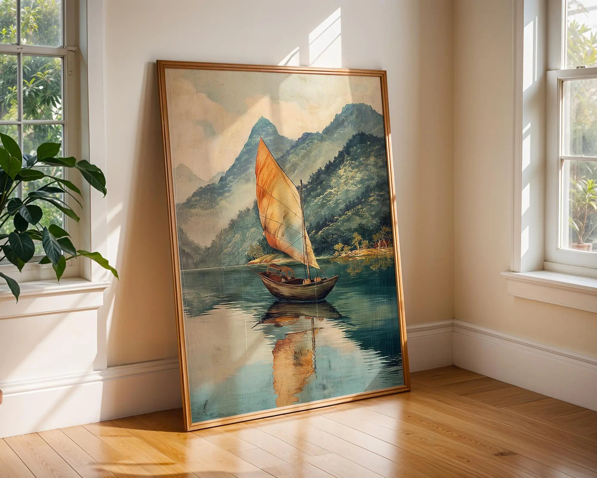 Vintage Sailing Boat Print | Serene Ocean Landscape, Coastal Art wall art print, modern home decor, unframed artwork by Nomad & Nest