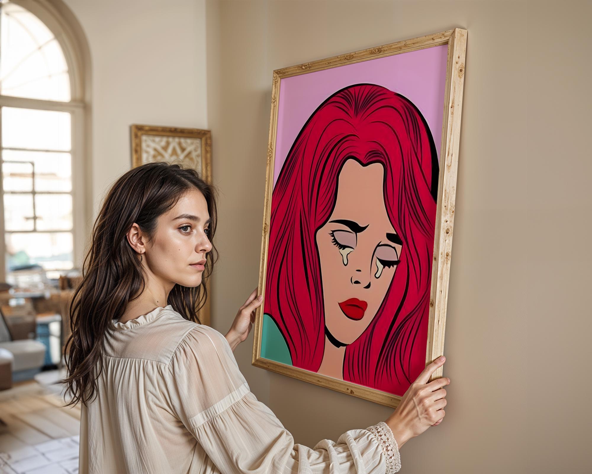 Modern Pop Art | Crying Woman Print | Retro Lichtenstein Style, Red Hair wall art print, modern home decor, unframed artwork by Nomad & Nest