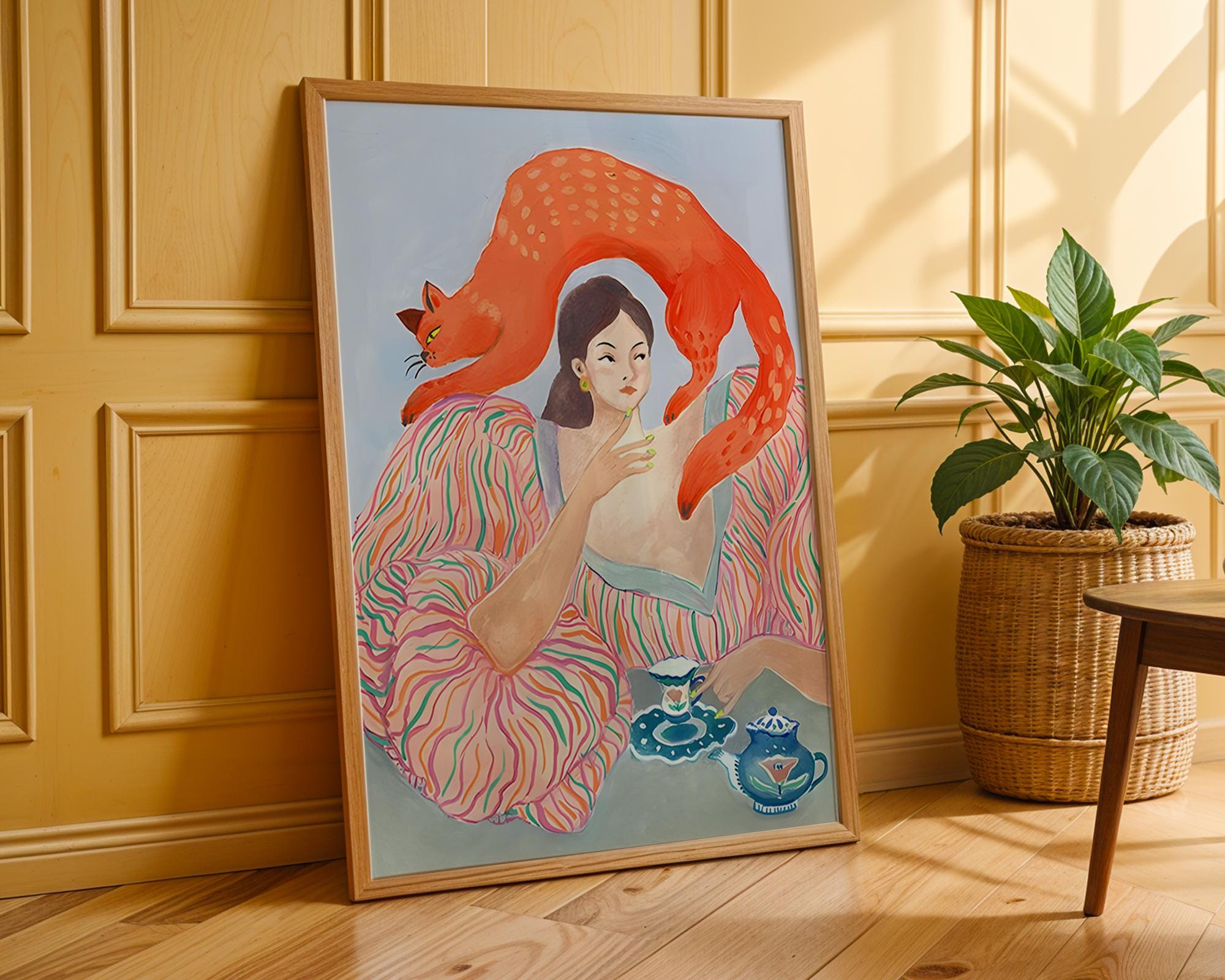 Whimsical Woman with Cat Art Print | Modern Maximalist Decor wall art print, modern home decor, unframed artwork by Nomad & Nest