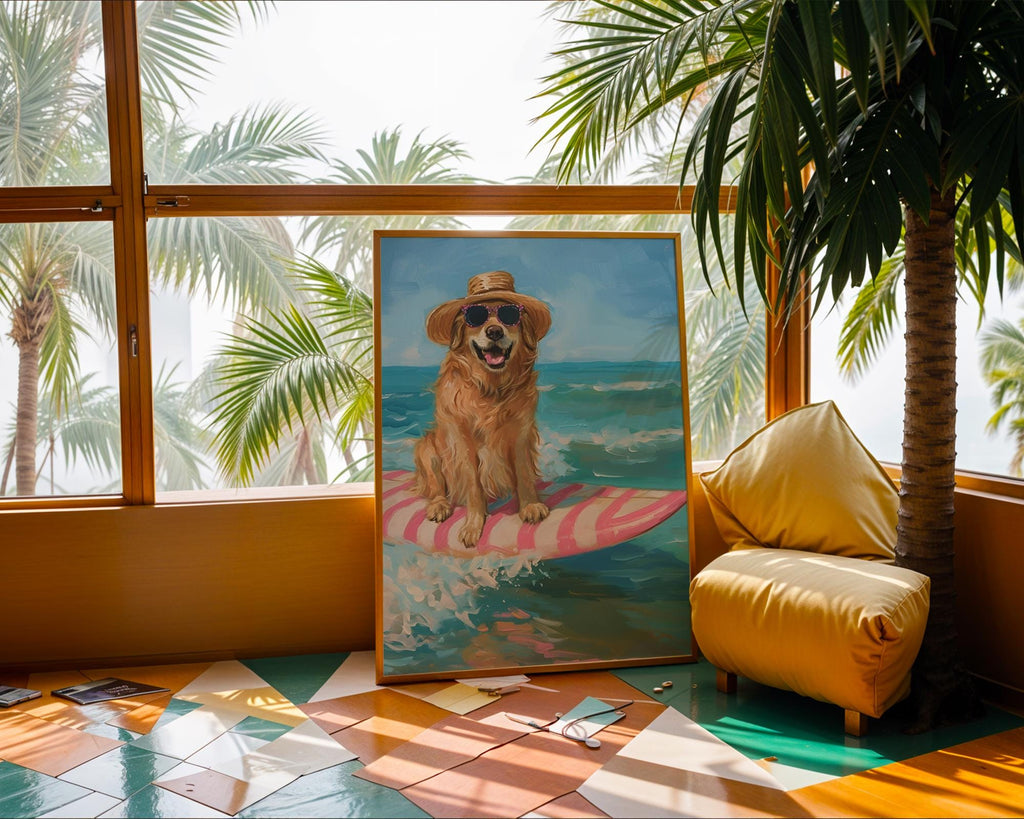 Colourful Prints | Surfer Golden Retriever Art Print | Beach House Coastal Decor wall art print, modern home decor, unframed artwork by Nomad & Nest