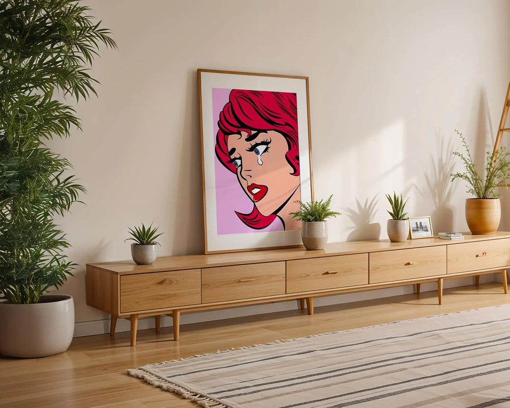 Modern Pop Art | Crying Woman  Print | Retro Comic, Pink Hair wall art print, modern home decor, unframed artwork by Nomad & Nest