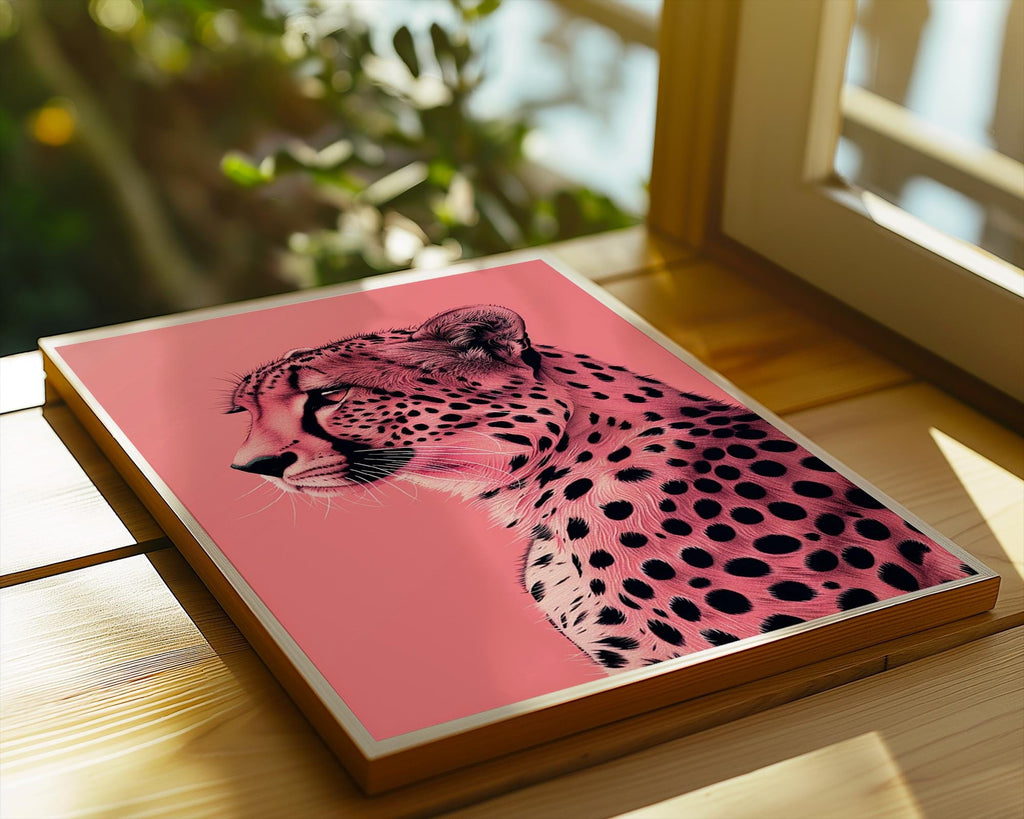 Colourful Prints | Pink Leopard Print | Graphic Jungle Cat on Coral wall art print, modern home decor, unframed artwork by Nomad & Nest