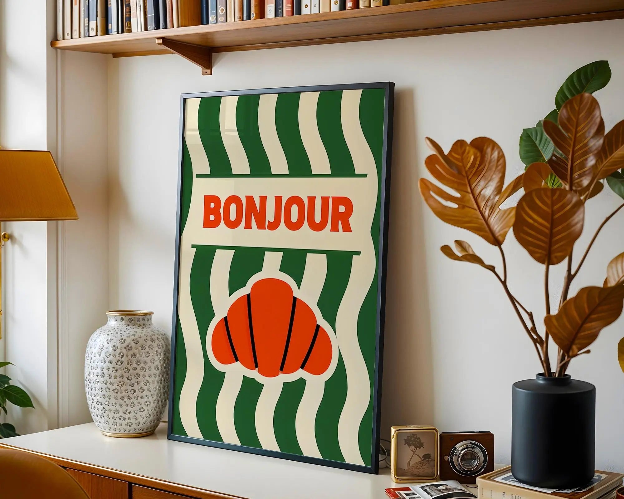 Positive Emotion | Bonjour Croissant | French Café Wall Art | Retro Kitchen Typography Print wall art print, modern home decor, unframed artwork by Nomad & Nest