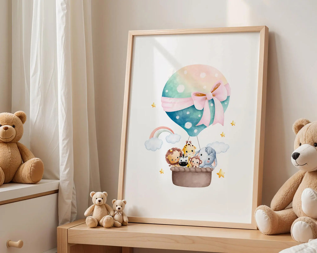 Playroom Ideas | Pink Balloon Nursery Art | Safari Animal Wall Print wall art print, modern home decor, unframed artwork by Nomad & Nest