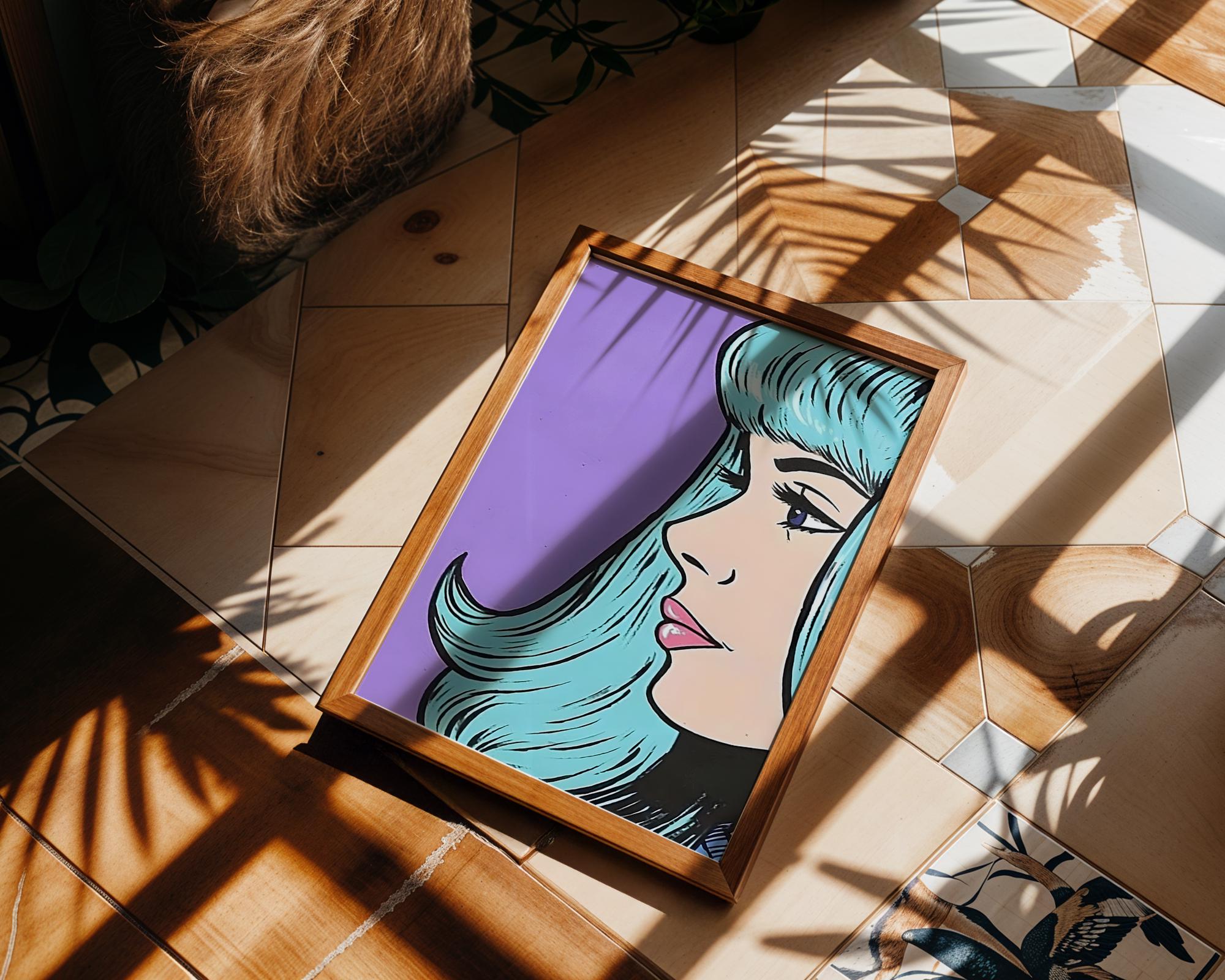 Modern Pop Art | Woman Print | Retro Graffiti Style, Blue Hair wall art print, modern home decor, unframed artwork by Nomad & Nest