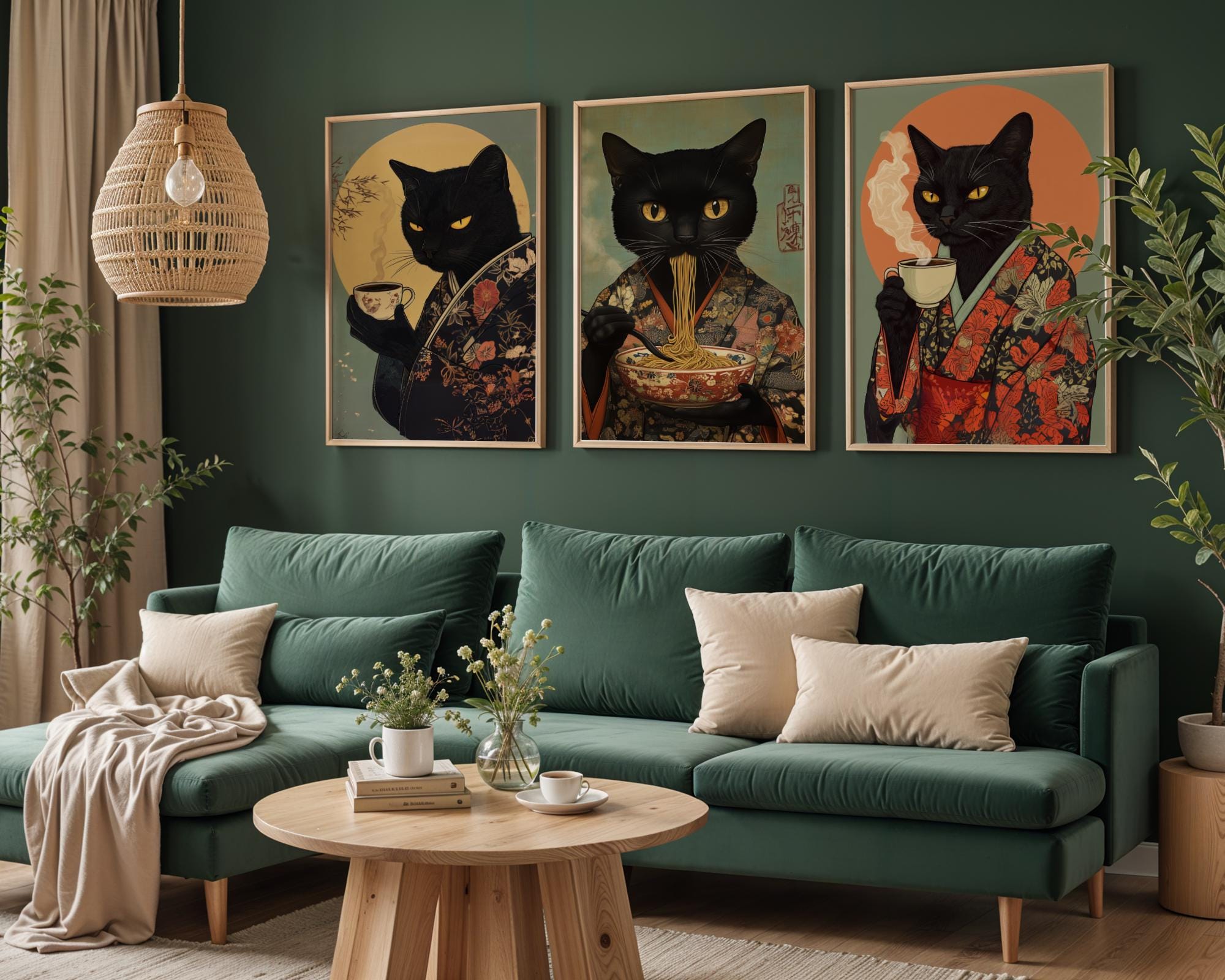 Japanese Poster | Kimono Black Cat Print – Coffee Lover Art wall art print, modern home decor, unframed artwork by Nomad & Nest