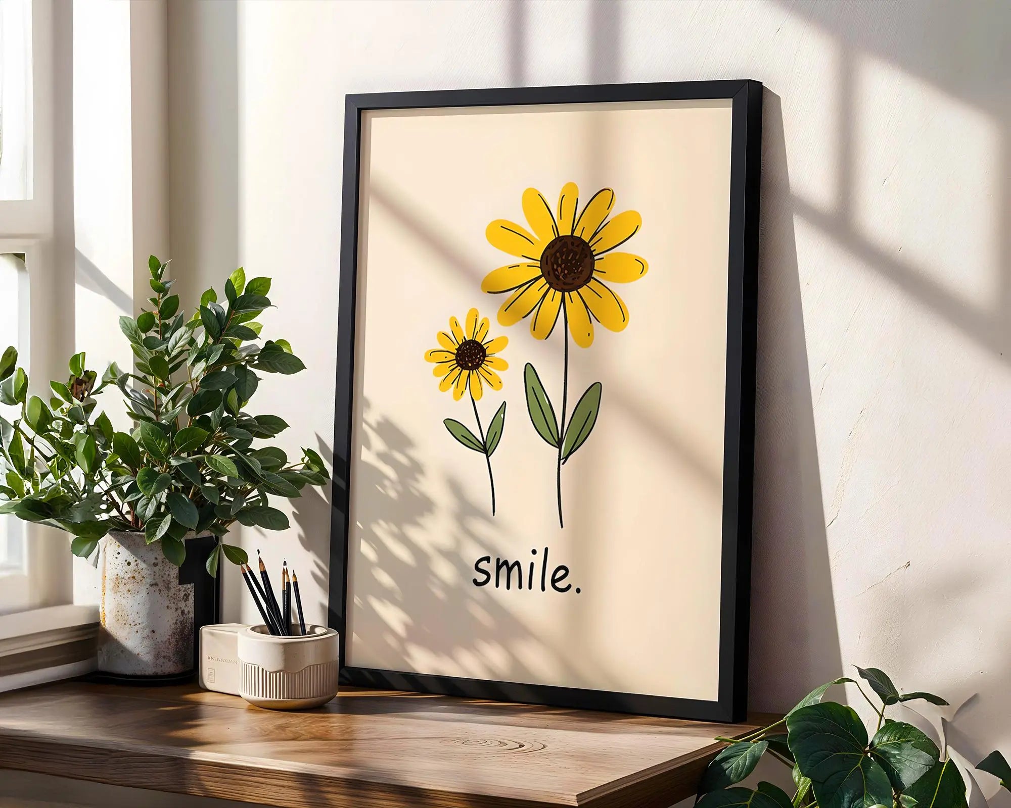 Positive Emotion | Smile Sunflower Wall Art | Simple Happy Floral Print | Cheerful Home Decor wall art print, modern home decor, unframed artwork by Nomad & Nest