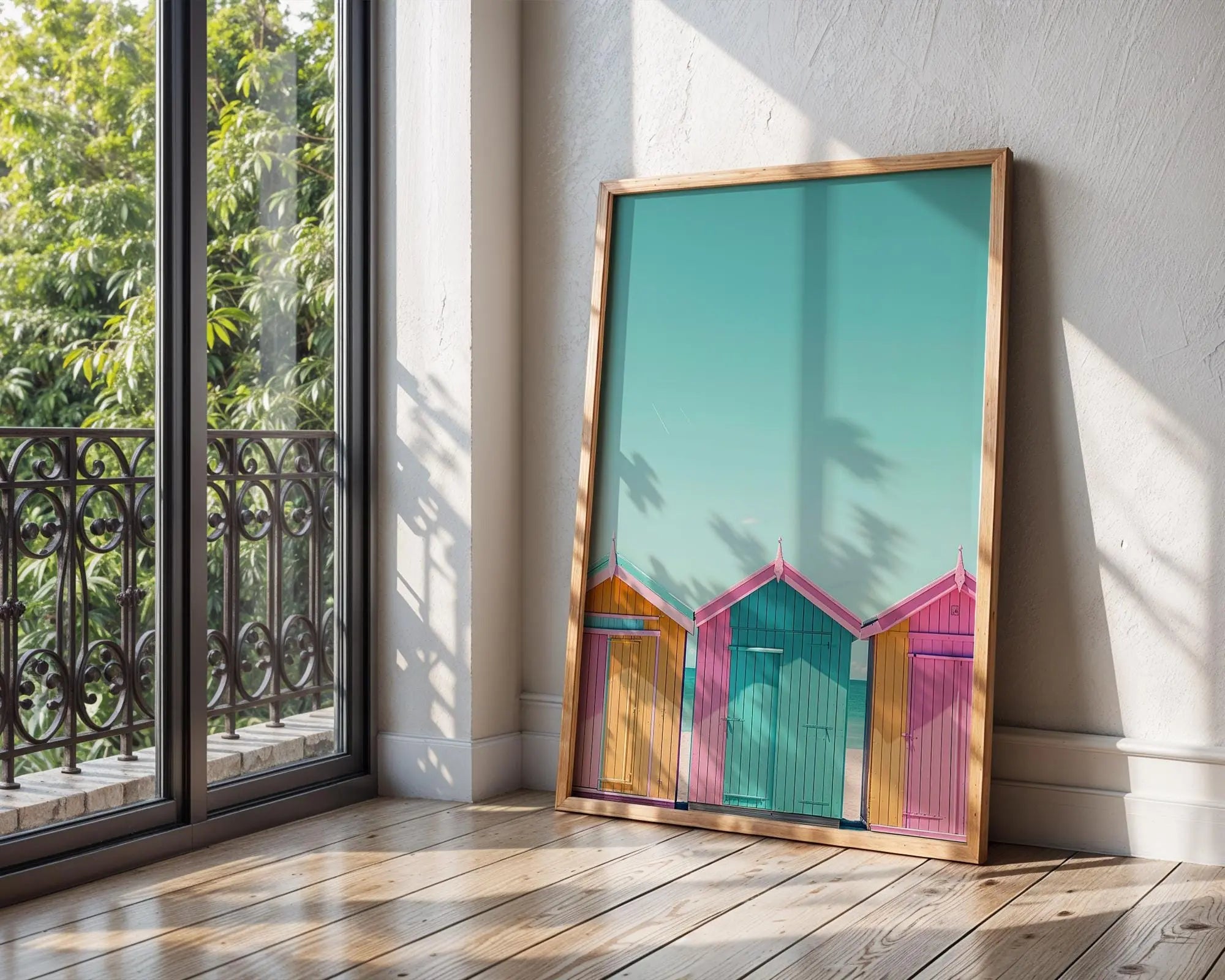 Colourful Prints | Pastel Beach Huts Print | Retro Coastal Art Poster wall art print, modern home decor, unframed artwork by Nomad & Nest