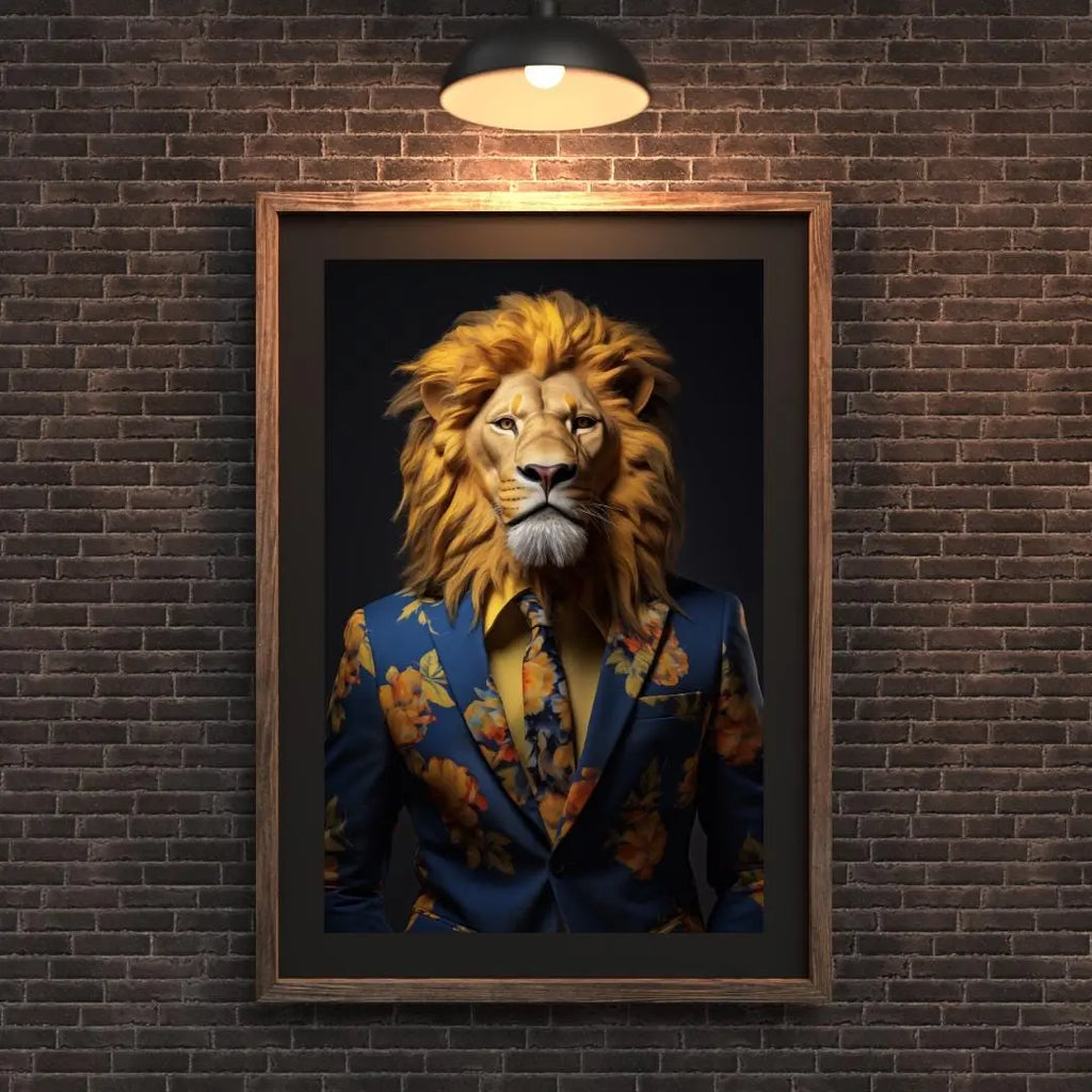 Floral Suit Lion Art Print | Quirky Animal Portrait wall art print, modern home decor, unframed artwork by Nomad & Nest