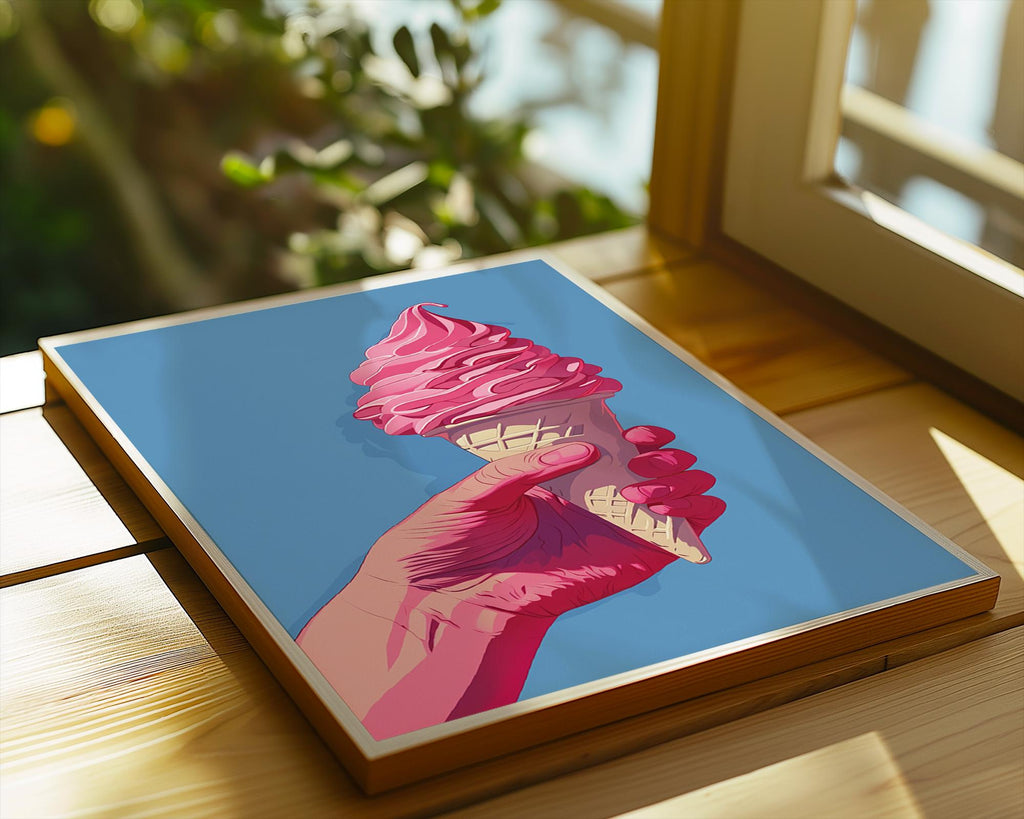 Colourful Prints | Pink Ice Cream Cone Art Print | Retro Summer Dessert Poster wall art print, modern home decor, unframed artwork by Nomad & Nest
