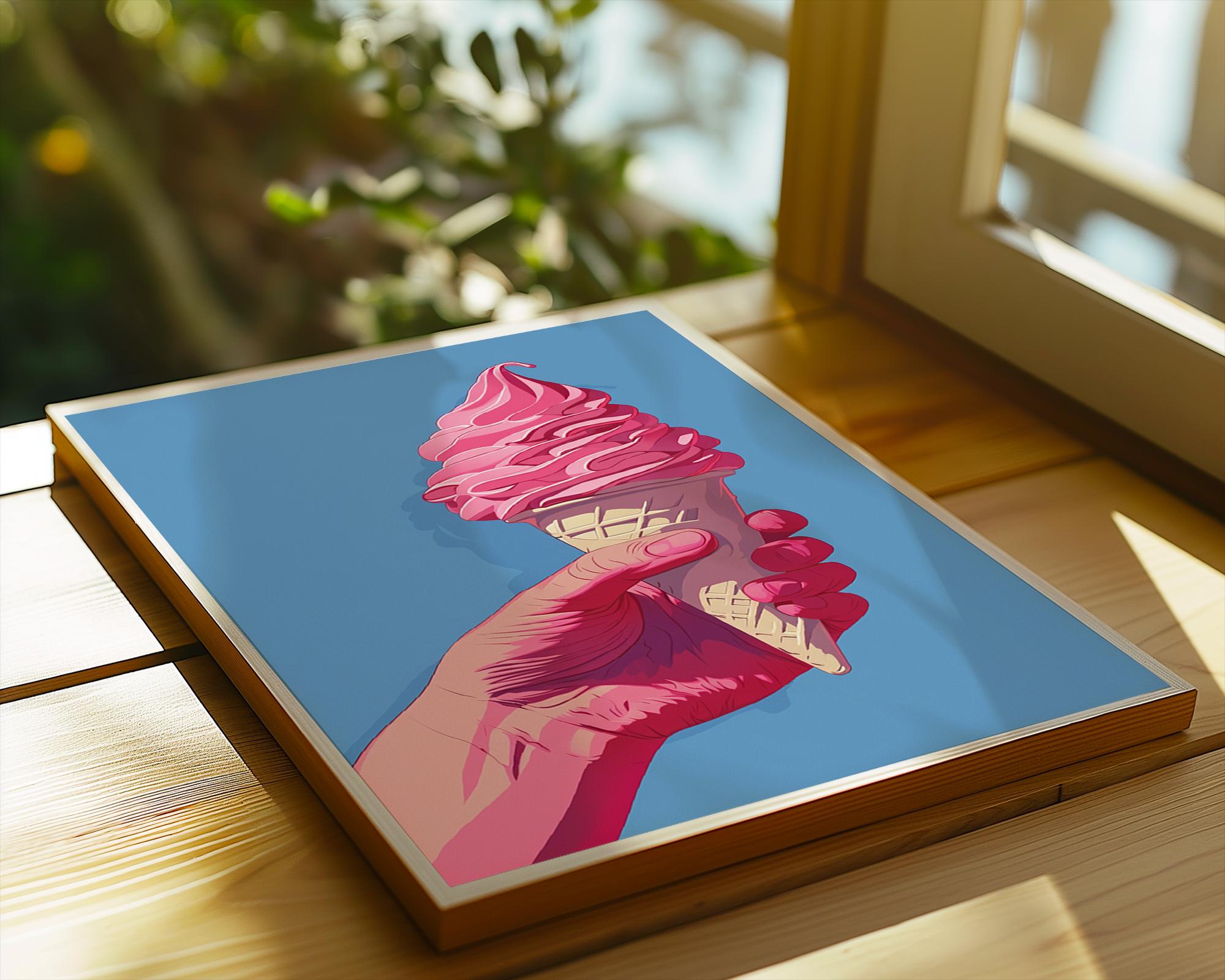 Colourful Prints | Pink Ice Cream Cone Art Print | Retro Summer Dessert Poster wall art print, modern home decor, unframed artwork by Nomad & Nest
