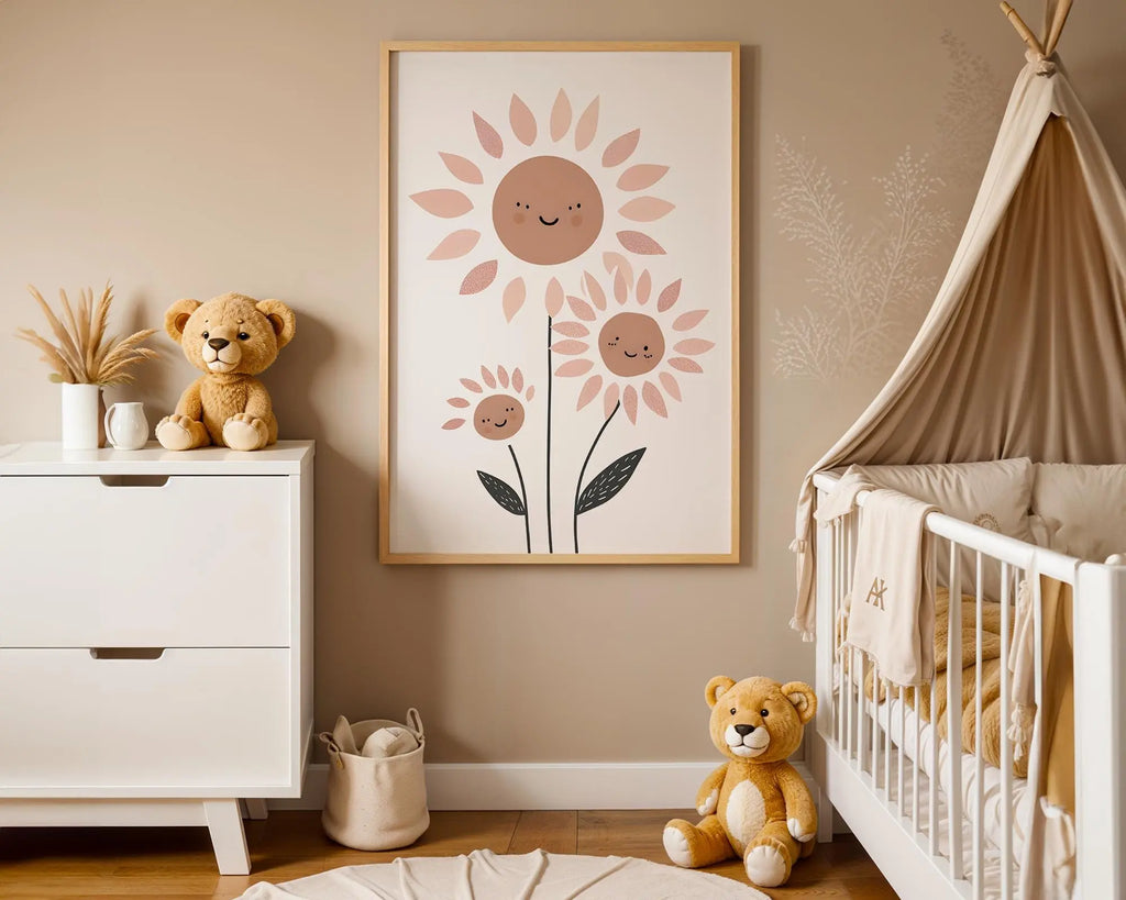 Playroom Ideas | Smiling Sunflower Nursery Wall Art | Boho Floral Print wall art print, modern home decor, unframed artwork by Nomad & Nest