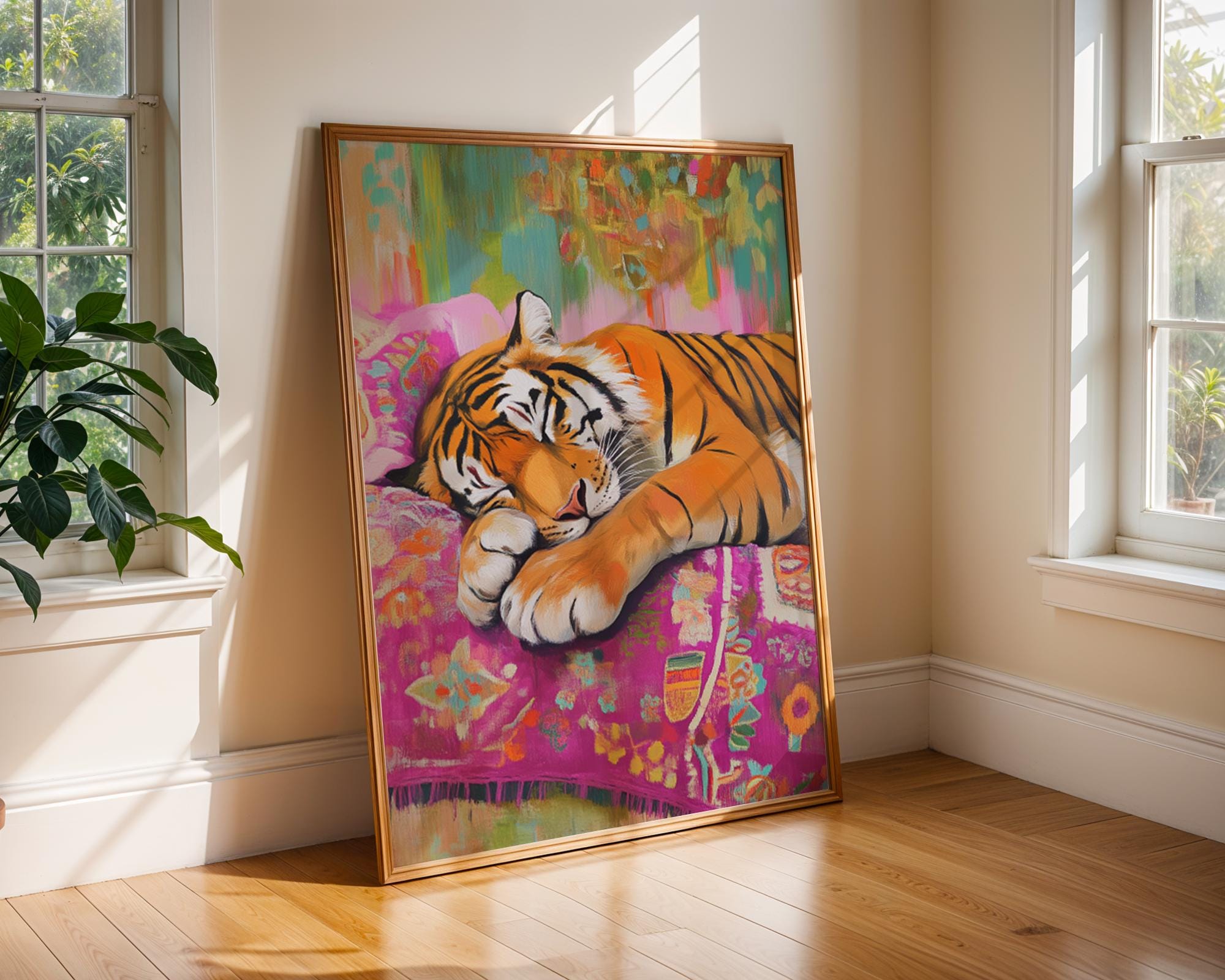 Sleeping Tiger Print | Bohemian Animal Wall Art wall art print, modern home decor, unframed artwork by Nomad & Nest