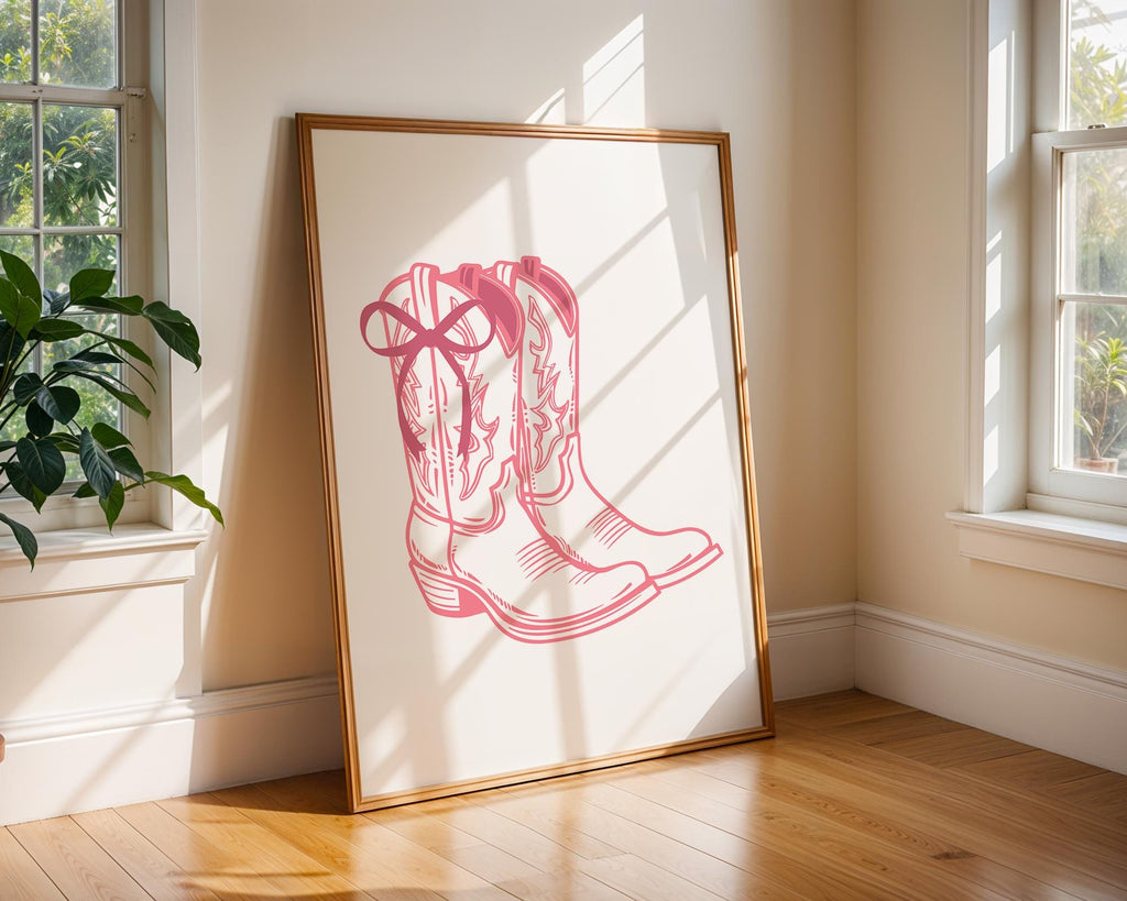 Pink Cowboy Boots Line Art Print | Girly Western Decor wall art print, modern home decor, unframed artwork by Nomad & Nest