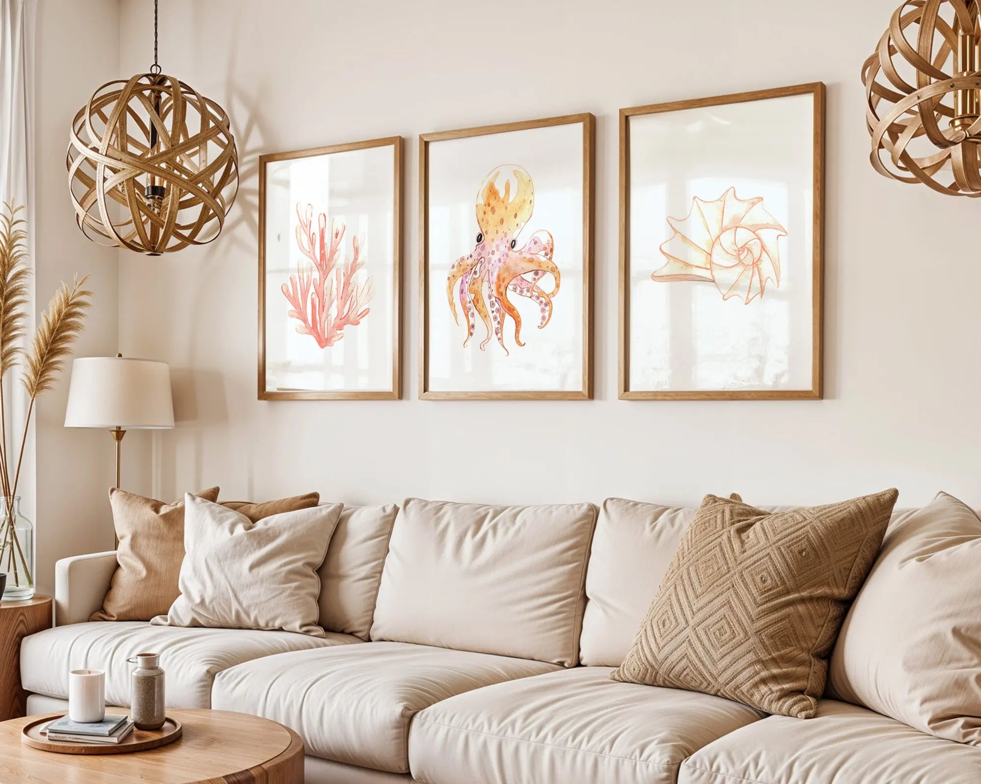 Colourful Prints | Octopus Coral Shell Watercolour Art Print Set | Coastal Marine Decor (Set of 3) wall art print, modern home decor, unframed artwork by Nomad & Nest