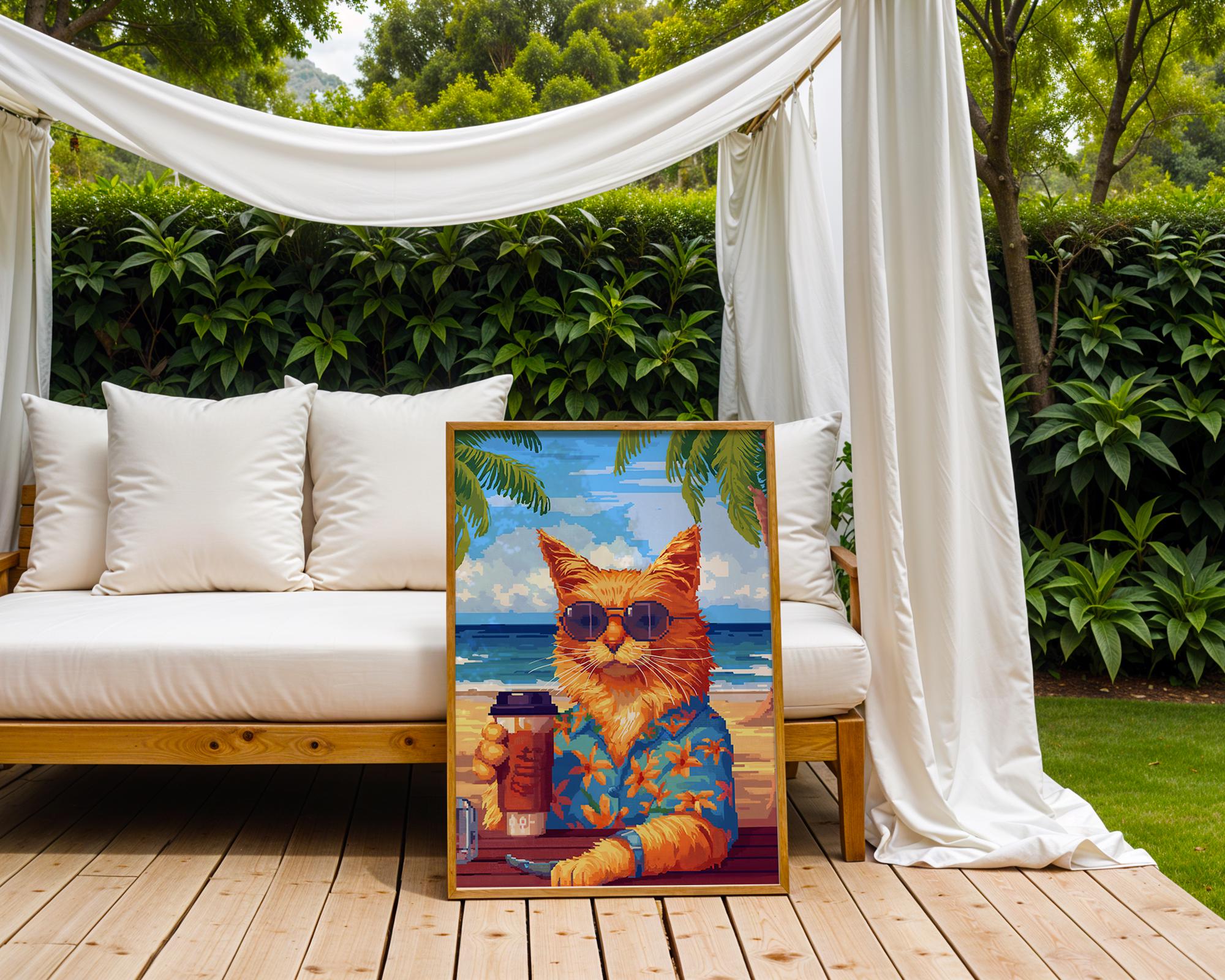 Retro Cat Beach Print | Funny Feline Summer Holiday Poster wall art print, modern home decor, unframed artwork by Nomad & Nest