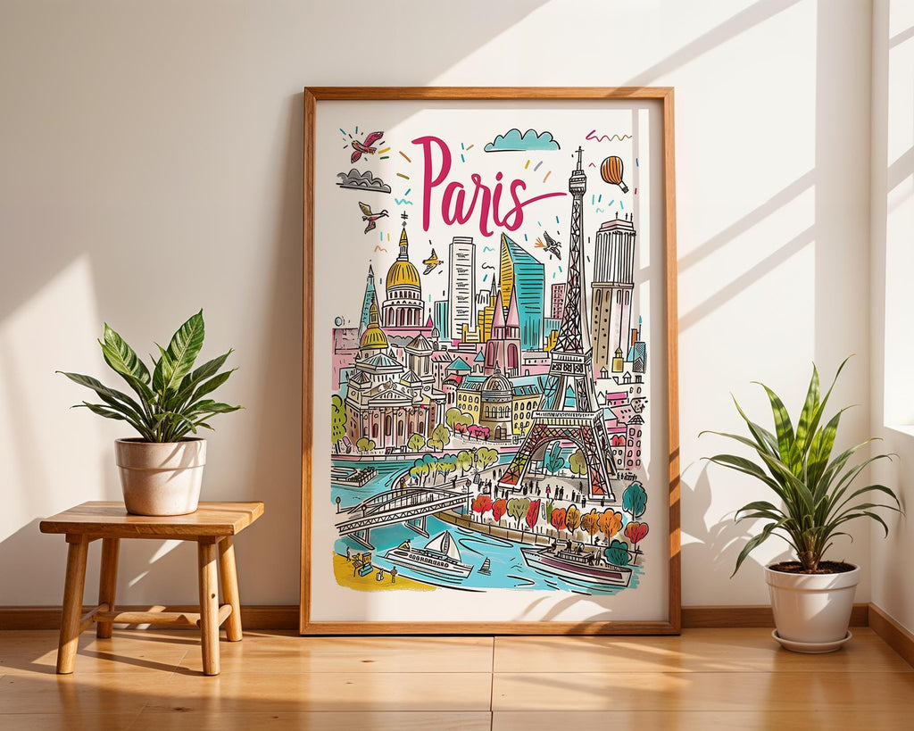 Paris France Art Print | Hand-Drawn Eiffel Tower Cityscape wall art print, modern home decor, unframed artwork by Nomad & Nest