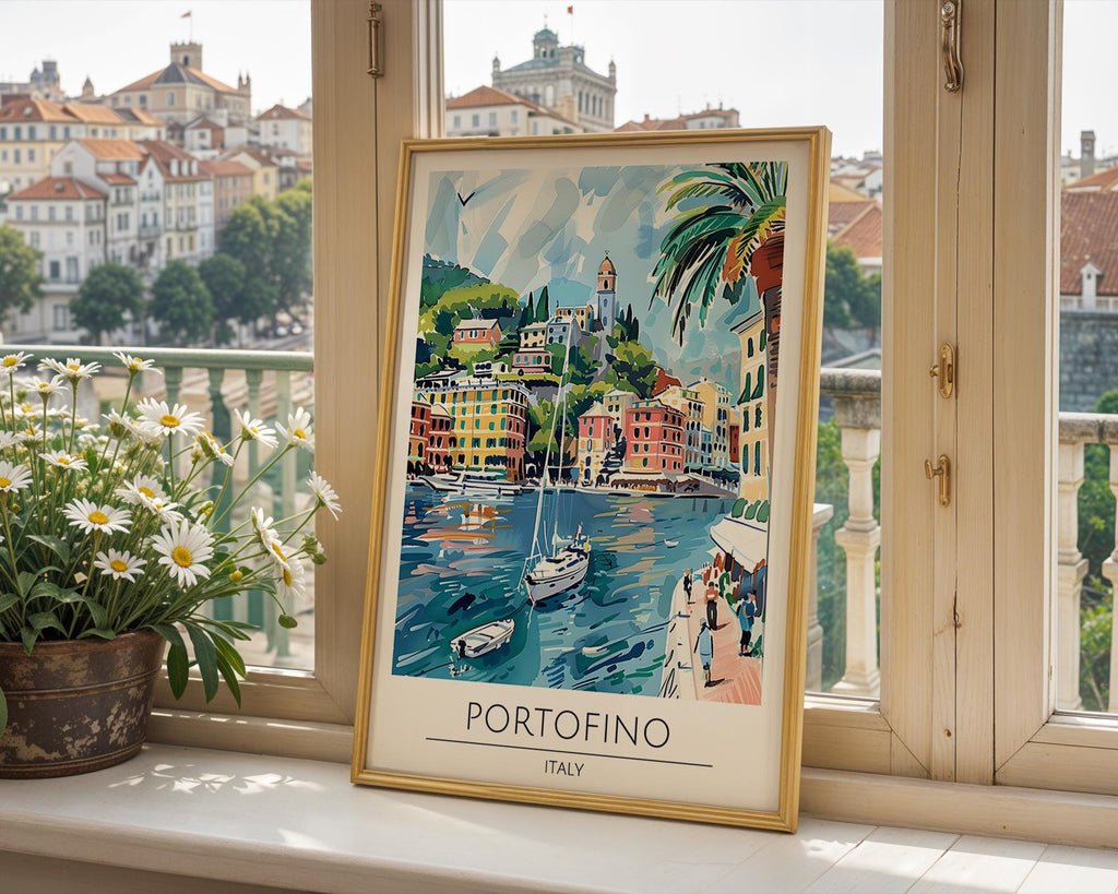 Portofino Italy Travel Poster | Colourful Seaside Village Art Print wall art print, modern home decor, unframed artwork by Nomad & Nest