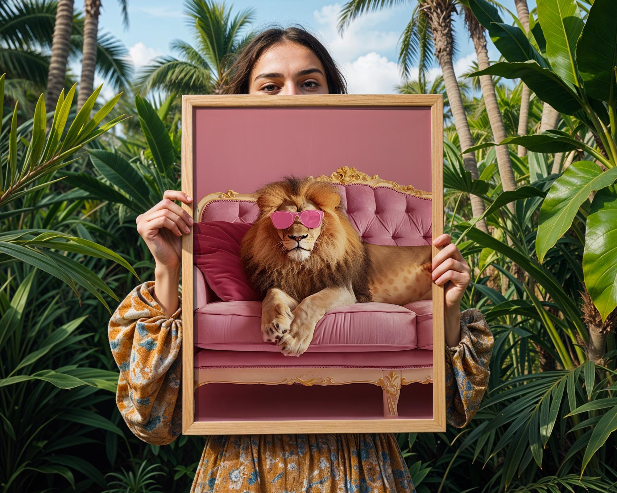 Colourful Prints | Funny Lion Art Print | Pink Sunglasses, Eclectic Home Decor wall art print, modern home decor, unframed artwork by Nomad & Nest