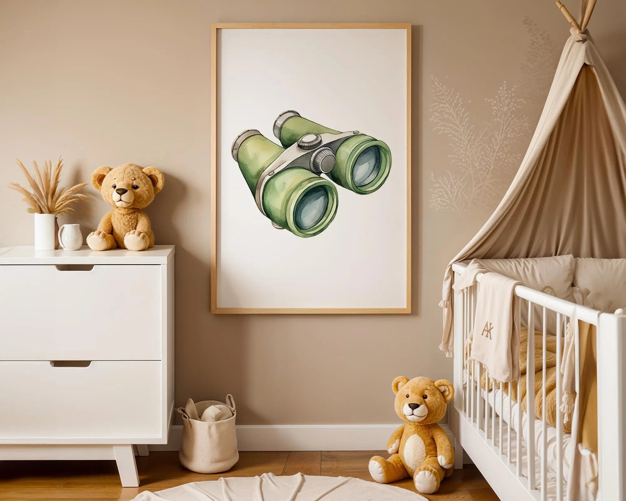 Playroom Ideas | Green Binoculars Nursery Wall Art Adventure Decor Print wall art print, modern home decor, unframed artwork by Nomad & Nest