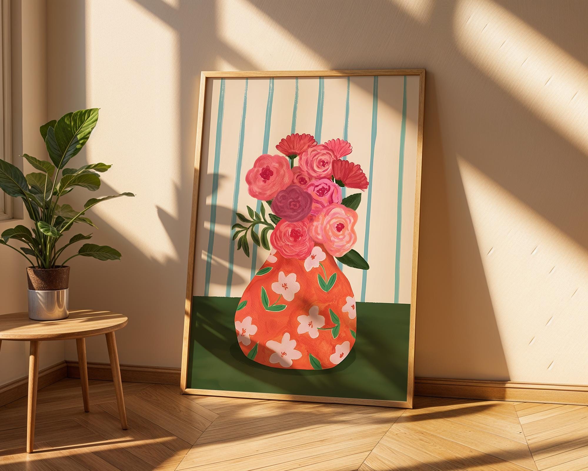 Floral Vase Art Print | Pink Flowers, Orange Pattern (Unframed) wall art print, modern home decor, unframed artwork by Nomad & Nest