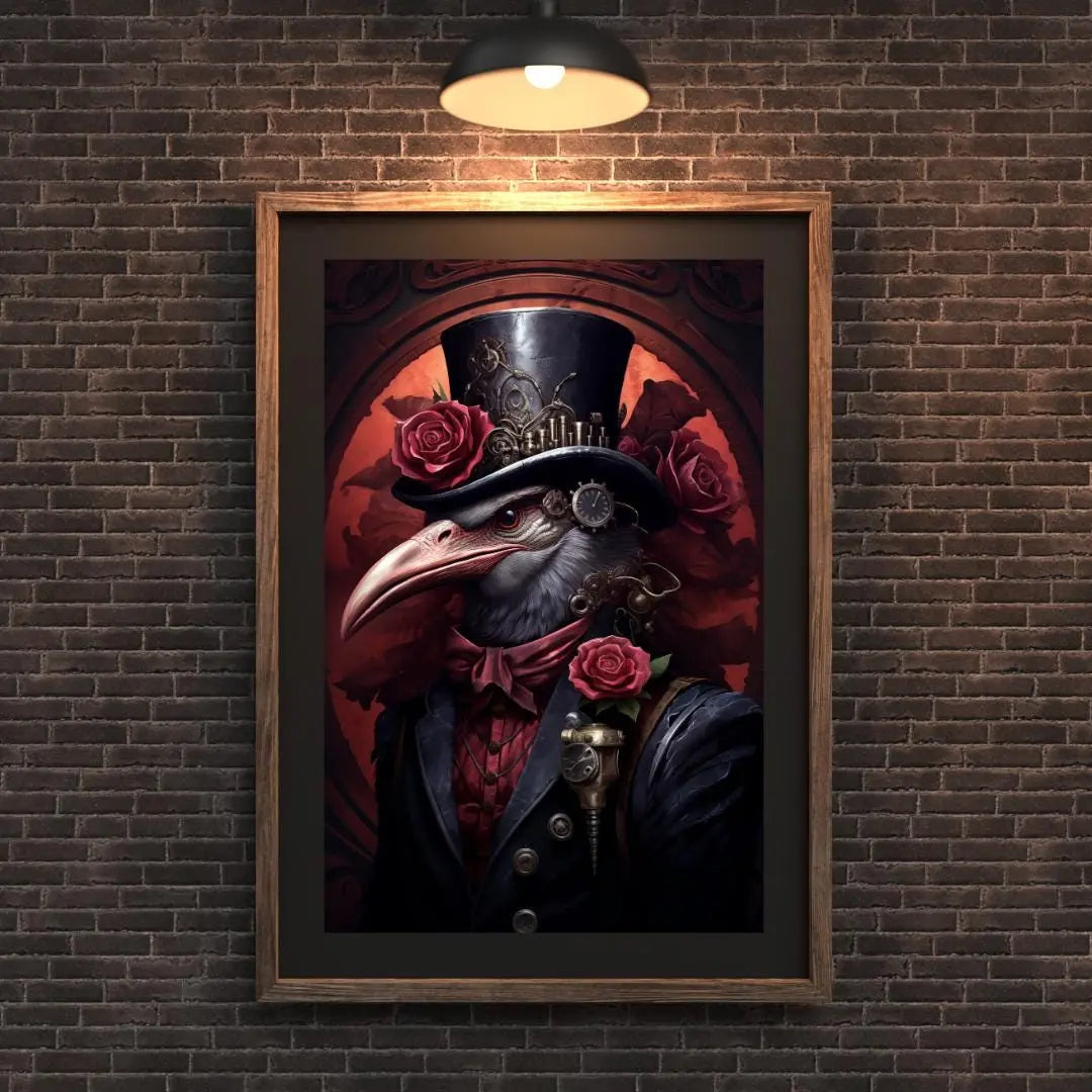 Steampunk Vulture Art Print | Gothic Bird Portrait with Roses wall art print, modern home decor, unframed artwork by Nomad & Nest