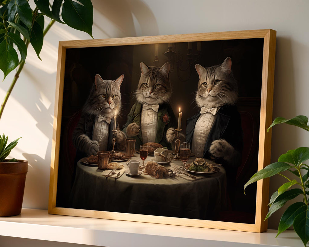 Tuxedo Cats Dinner Print | Victorian Anthropomorphic Animal Wall Art wall art print, modern home decor, unframed artwork by Nomad & Nest
