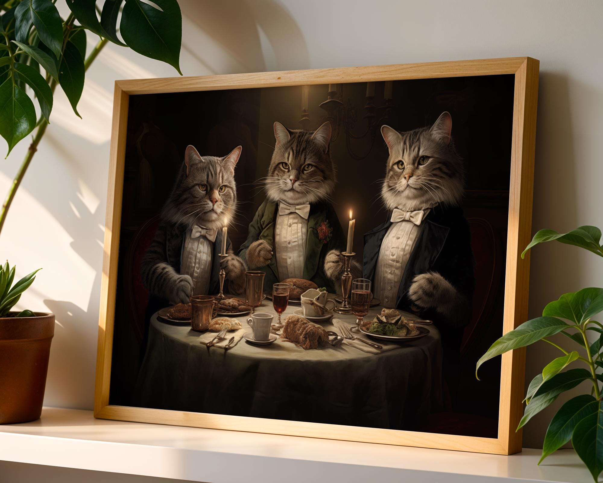 Tuxedo Cats Dinner Print | Victorian Anthropomorphic Animal Wall Art wall art print, modern home decor, unframed artwork by Nomad & Nest