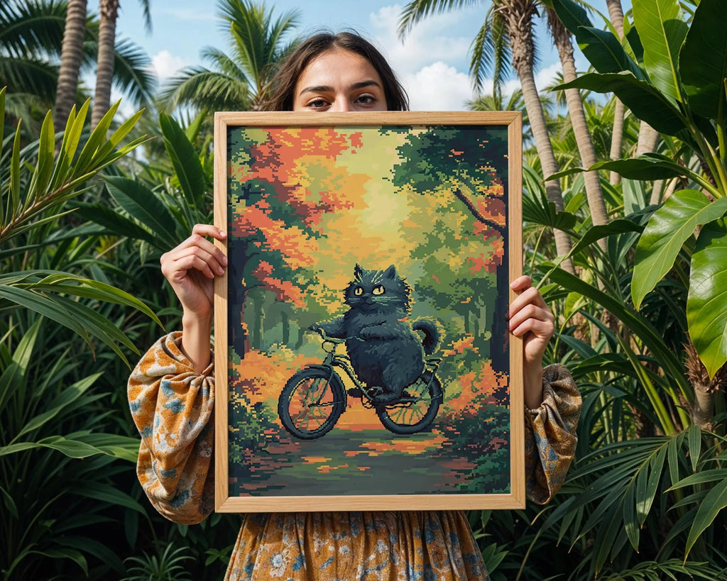 Cat Riding Bicycle Art Print | Whimsical Autumn Decor wall art print, modern home decor, unframed artwork by Nomad & Nest