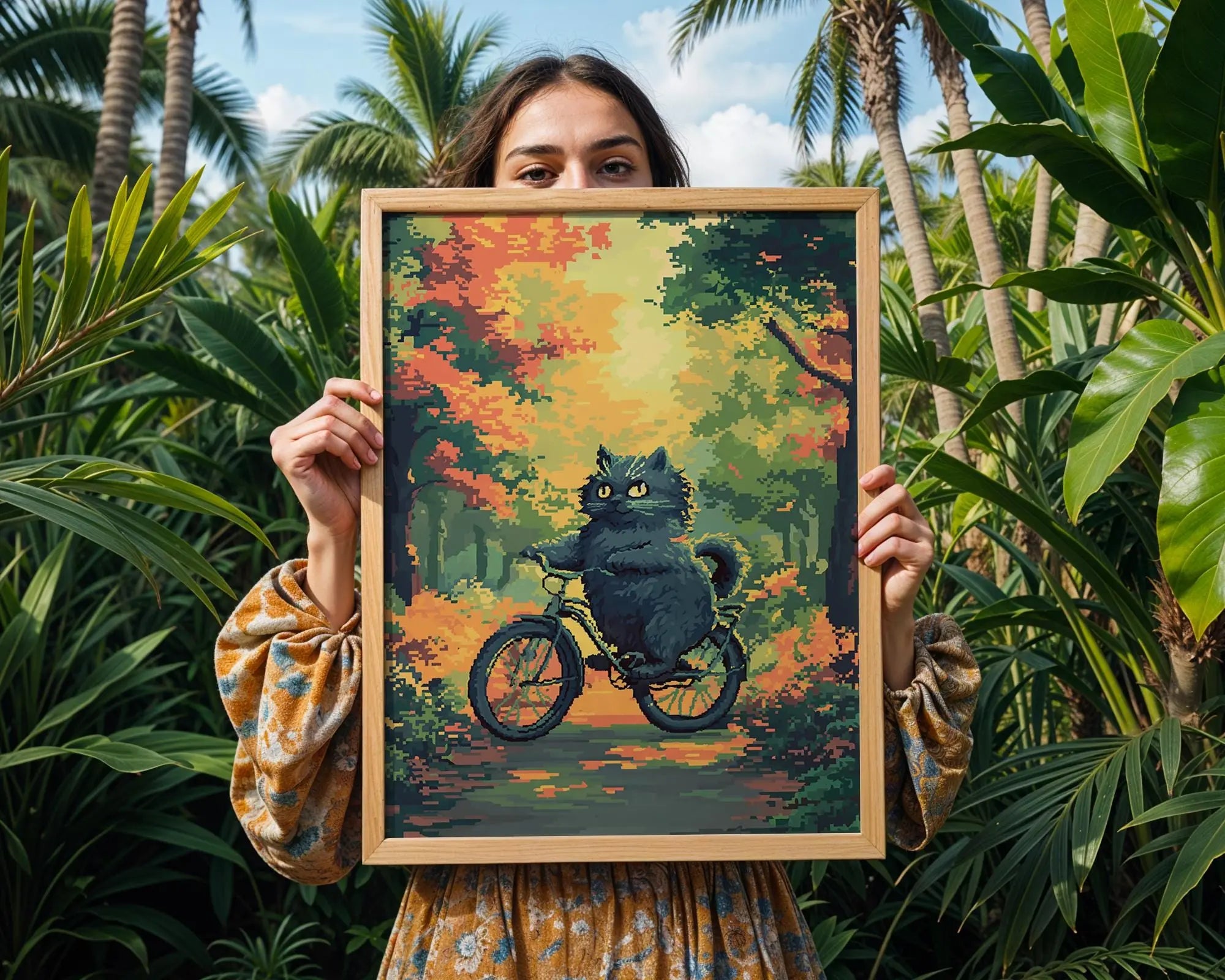 Cat Riding Bicycle Art Print | Whimsical Autumn Decor wall art print, modern home decor, unframed artwork by Nomad & Nest
